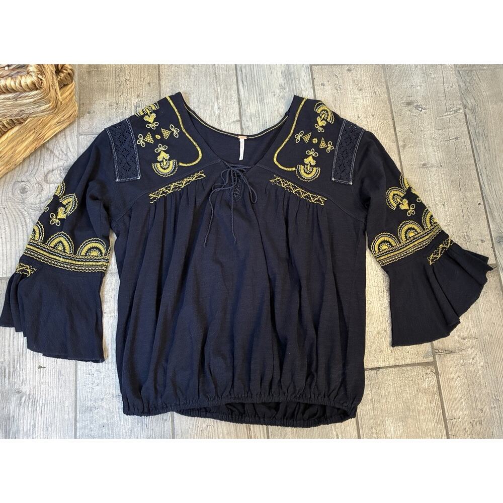 Free People Chiquita Embroidered Boho Peasant Top Navy & Yellow - Small